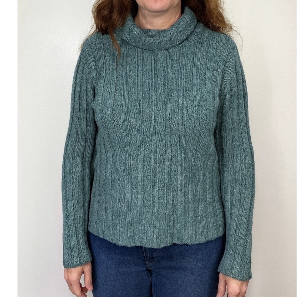 LL Bean Teal Chunky Ribbed Silk Wool Cotton Turtleneck Sweater Size‎ MEDIUM